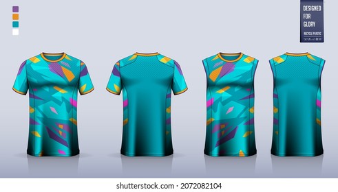 T-shirt mockup, sport shirt template design for soccer jersey, football kit. Tank top for basketball jersey, running singlet. Fabric pattern for sport uniform in front, back view. Vector Illustration