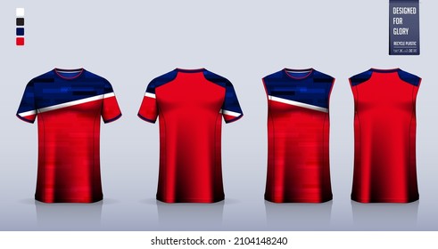 T-shirt mockup, sport shirt template design for soccer jersey, football kit. Tank top for basketball jersey, running singlet. Fabric pattern for sport uniform in front, back view. Vector Illustration