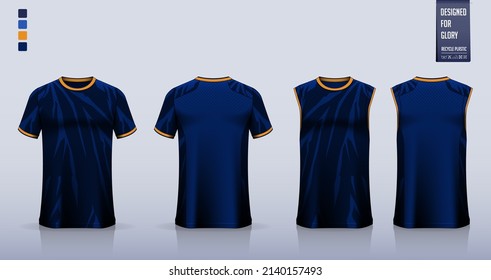 T-shirt mockup, sport shirt template design for soccer jersey, football kit. Tank top for basketball jersey, running singlet. Fabric pattern for sport uniform in front, back view. Vector Illustration