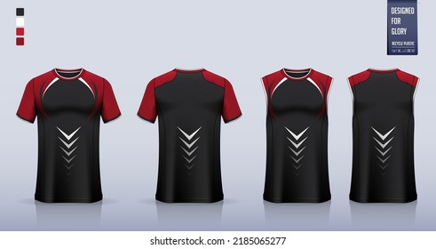 T-shirt mockup, sport shirt template design for soccer jersey, football kit. Tank top for basketball uniform, running singlet. Fabric pattern for sport jersey in front, back view. Vector Illustration