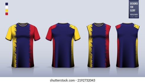 T-shirt mockup, sport shirt template design for soccer jersey, football kit. Tank top for basketball uniform, running singlet. Fabric pattern for sport jersey in frontม back view. Vector Illustration.