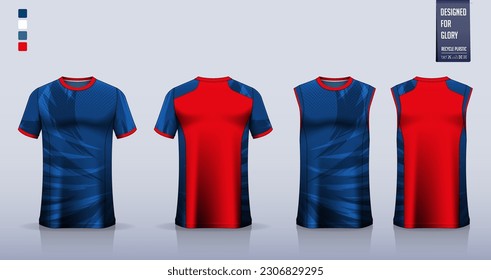 T-shirt mockup, sport shirt template design for soccer jersey, football kit. Tank top for basketball jersey, running singlet. Fabric pattern for sport uniform in front, back view. Vector Illustration