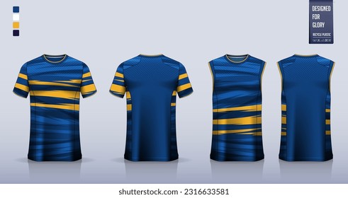 T-shirt mockup, sport shirt template design for soccer jersey, football kit. Tank top for basketball jersey, running singlet. Fabric pattern for sport uniform in front, back view. Vector Illustration