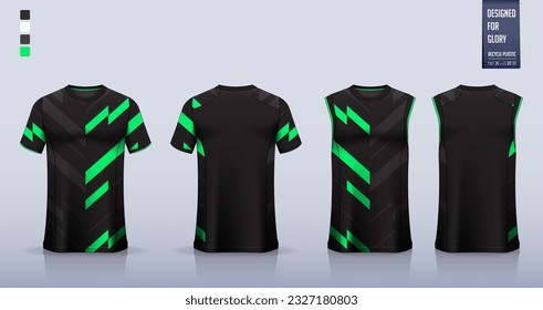 T-shirt mockup, sport shirt template design for soccer jersey, football kit. Tank top for basketball jersey, running singlet. Fabric pattern for sport uniform in front, back view. Vector Illustration