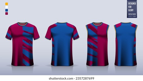 T-shirt mockup, sport shirt template design for soccer jersey, football kit. Tank top for basketball jersey, running singlet. Fabric pattern for sport uniform in front, back view. Vector Illustration