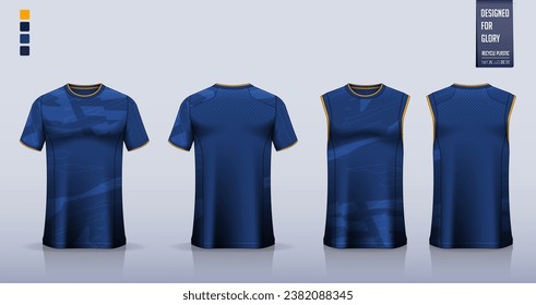 T-shirt mockup, sport shirt template design for soccer jersey, football kit. Tank top for basketball jersey, running singlet. Fabric pattern for sport uniform in front, back view. Vector Illustration