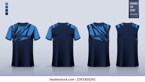 T-shirt mockup, sport shirt template design for soccer jersey, football kit. Tank top for basketball jersey, running singlet. Fabric pattern for sport uniform in front, back view. Vector Illustration