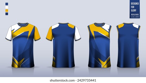 T-shirt mockup, sport shirt template design for soccer jersey, football kit. Tank tops for basketball jersey, running singlet. Fabric pattern for sport uniform in front, back view. Vector Illustration