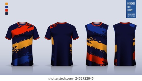 T-shirt mockup, sport shirt template design for soccer jersey, football kit. Tank tops for basketball jersey, running singlet. Fabric pattern for sport uniform in front, back view. Vector Illustration