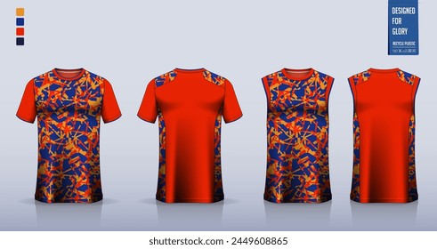 T-shirt mockup, sport shirt template design for soccer jersey, football kit. Tank tops for basketball jersey, running singlet. Fabric pattern for sport uniform in front, back view. Vector Illustration