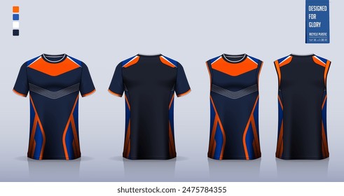 T-shirt mockup, sport shirt template design for soccer jersey, football kit. Tank tops for basketball jersey, running singlet. Fabric pattern for sport uniform in front, back view. Vector Illustration