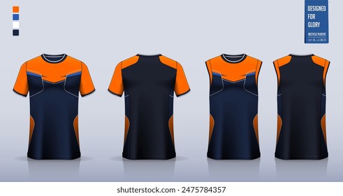 T-shirt mockup, sport shirt template design for soccer jersey, football kit. Tank tops for basketball jersey, running singlet. Fabric pattern for sport uniform in front, back view. Vector Illustration