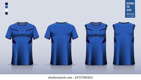 T-shirt mockup, sport shirt template design for soccer jersey, football kit. Tank tops for basketball jersey, running singlet. Fabric pattern for sport uniform in front, back view. Vector Illustration