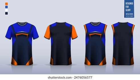 T-shirt mockup, sport shirt template design for soccer jersey, football kit. Tank tops for basketball jersey, running singlet. Fabric pattern for sport uniform in front, back view. Vector Illustration