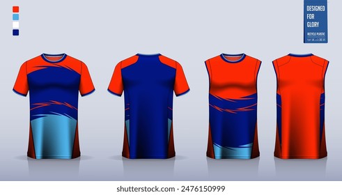 T-shirt mockup, sport shirt template design for soccer jersey, football kit. Tank tops for basketball jersey, running singlet. Fabric pattern for sport uniform in front, back view. Vector Illustration