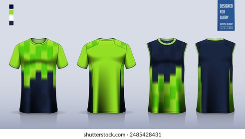 T-shirt mockup, sport shirt template design for soccer jersey, football kit. Tank tops for basketball jersey, running singlet. Fabric pattern for sport uniform in front, back view. Vector Illustration