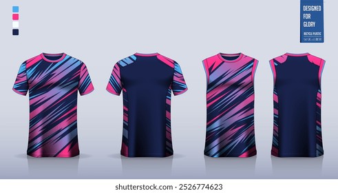 Maqueta de camiseta, diseño de Plantilla de camisa deportiva para camiseta de fútbol, kit de fútbol. Camisetas sin mangas para jersey de baloncesto, camiseta de running. Patrón de tela para uniforme deportivo en la vista frontal y trasera. Ilustración vectorial