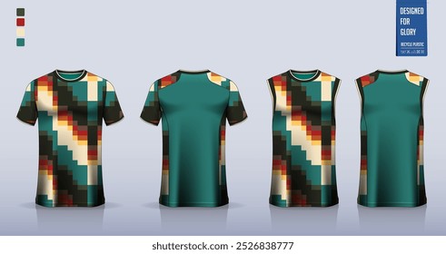 T-shirt mockup, modelo de camisa esporte design para camisa de futebol, kit de futebol. Topos de tanque para camisa de basquete, singlet de corrida. Padrão de tecido para uniforme desportivo na frente, vista traseira. Ilustração de vetor