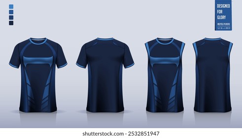 T-shirt mockup, modelo de camisa esporte design para camisa de futebol, kit de futebol. Topos de tanque para camisa de basquete, singlet de corrida. Padrão de tecido para uniforme desportivo na frente, vista traseira. Ilustração de vetor