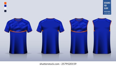 T-shirt mockup, sport shirt template design for soccer jersey, football kit. Tank tops for basketball jersey, running singlet. Fabric pattern for sport uniform in front, back view. Vector Illustration