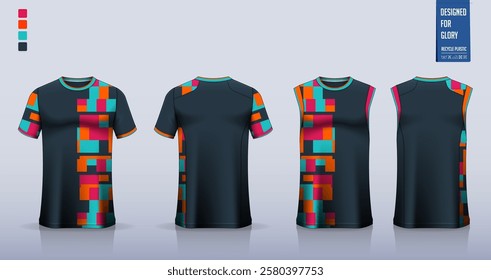 T-shirt mockup, sport shirt template design for soccer jersey, football kit. Tank tops for basketball jersey, running singlet. Fabric pattern for sport uniform in front, back view. Vector Illustration