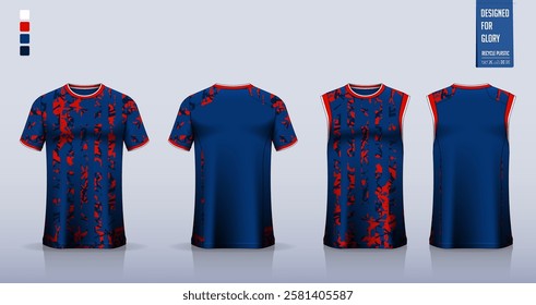 T-shirt mockup, sport shirt template design for soccer jersey, football kit. Tank tops for basketball jersey, running singlet. Fabric pattern for sport uniform in front, back view. Vector Illustration