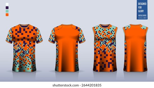 T-shirt mockup, modelo de camisa esporte design para camisa de futebol, kit de futebol. Topos de tanque para camisa de basquete, singlet de corrida. Padrão de tecido para uniforme desportivo na frente, vista traseira. Ilustração de vetor