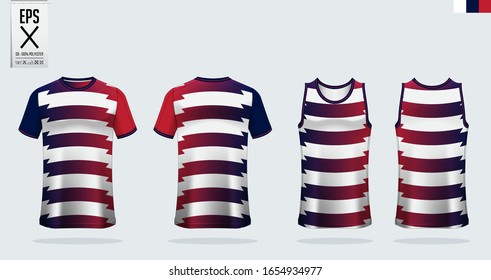 T-shirt mockup, sport template design for soccer jersey, football kit. Tank top for basketball jersey and running singlet. Sport uniform in front view and back view.  Mock up Vector Illustration.