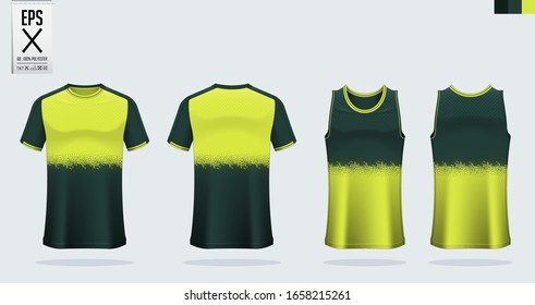 T-shirt mockup, sport template design for soccer jersey, football kit. Tank top for basketball jersey and running singlet. Sport uniform in front view and back view.  Mock up Vector Illustration.