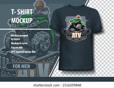 T-shirt mock-up template with ATV Quad bike logo. Editable vector layout.