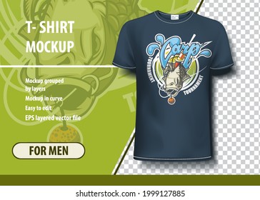 T-shirt mock-up template with Carp fishing tournament. Editable vector layout.