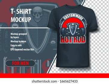 T-shirt mock-up template with Custom Made Hot Rod logo. Editable vector layout.