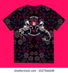 T-Shirt Mockup Template. Design T-shirts with trendy images of mythical animals. Seamless floral pattern on a background. Print vector design.