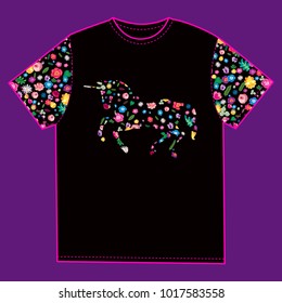 T-Shirt Mockup Template. Design T-shirts with trendy image of a floral unicorn. Flower pattern on sleeves. Print vector design.