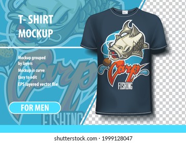T-shirt mock-up template with fishing theme on black background. Editable vector layout.