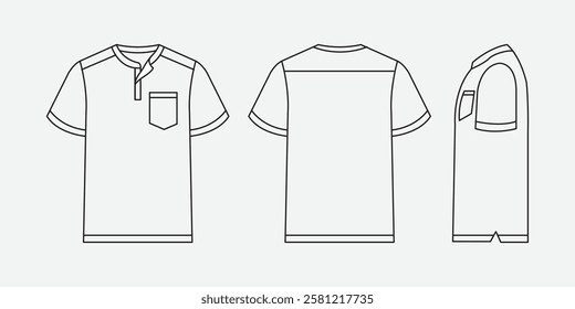 T-shirt mockup template with front, back, and side views. Short sleeve apparel design for fashion branding, textile, customization, and clothing illustration.