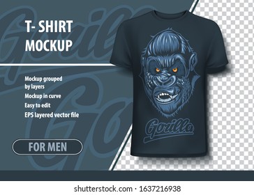 T-shirt mock-up template with Gorilla inscription and scary head. Editable vector layout.