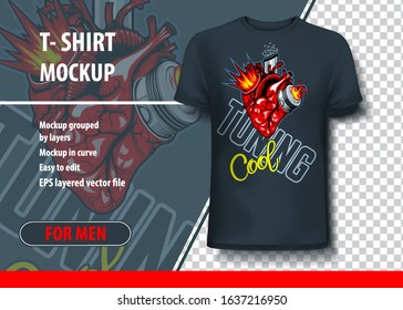 T-shirt mock-up template with heart and pistons in it. Editable vector layout.