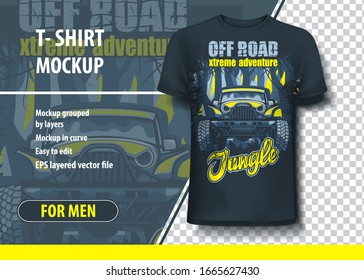 T-shirt mock-up template with Off Road Extreme Adventure Jungle. Editable vector layout.