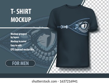T-shirt mock-up template with open zipper and monster eye inside. Editable vector layout.