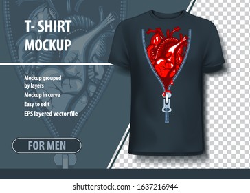 T-shirt mock-up template with open zipper and heart inside. Editable vector layout.