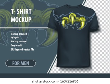 T-shirt mock-up template with paw of beast. Editable vector layout.