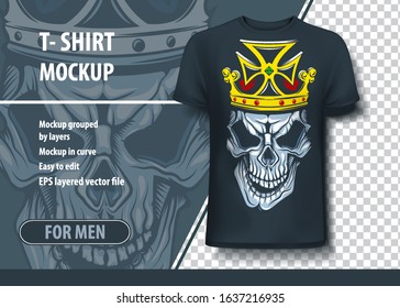 T-shirt mock-up template with skull and crown on head. Editable vector layout.