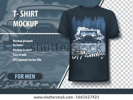 T-shirt mock-up template with SUV passing impassable obstacles. Editable vector layout.