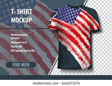 T-shirt mock-up template with USA flag in watercolor. Editable vector layout.