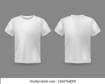 T-shirt mockup. White 3d blank t-shirt front and back views realistic sports clothing uniform. Female and male clothes vector wearing clear attractive apparel tshirt models template