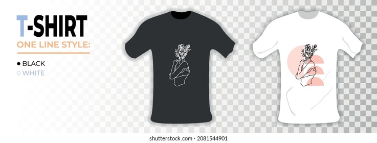 T-shirt mockup with woman one line face. One line art minimalistic. Girl with different plant, line drawing. Line face illustration, woman with flower on had.