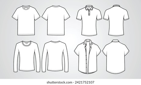 T-shirt mockups. Collection of technical models of t-shirts, long sleeves, polo collars and open shirts seen from the front and back. Isolated vector illustration