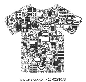 T-Shirt mosaic icon organized for bigdata and computing purposes. Vector T-shirt mosaics are organized from computer, calculator, connections, wi-fi, network, interface icons into abstract pattern.
