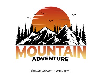 T-shirt mountain pine tree adventure sunset vintage style